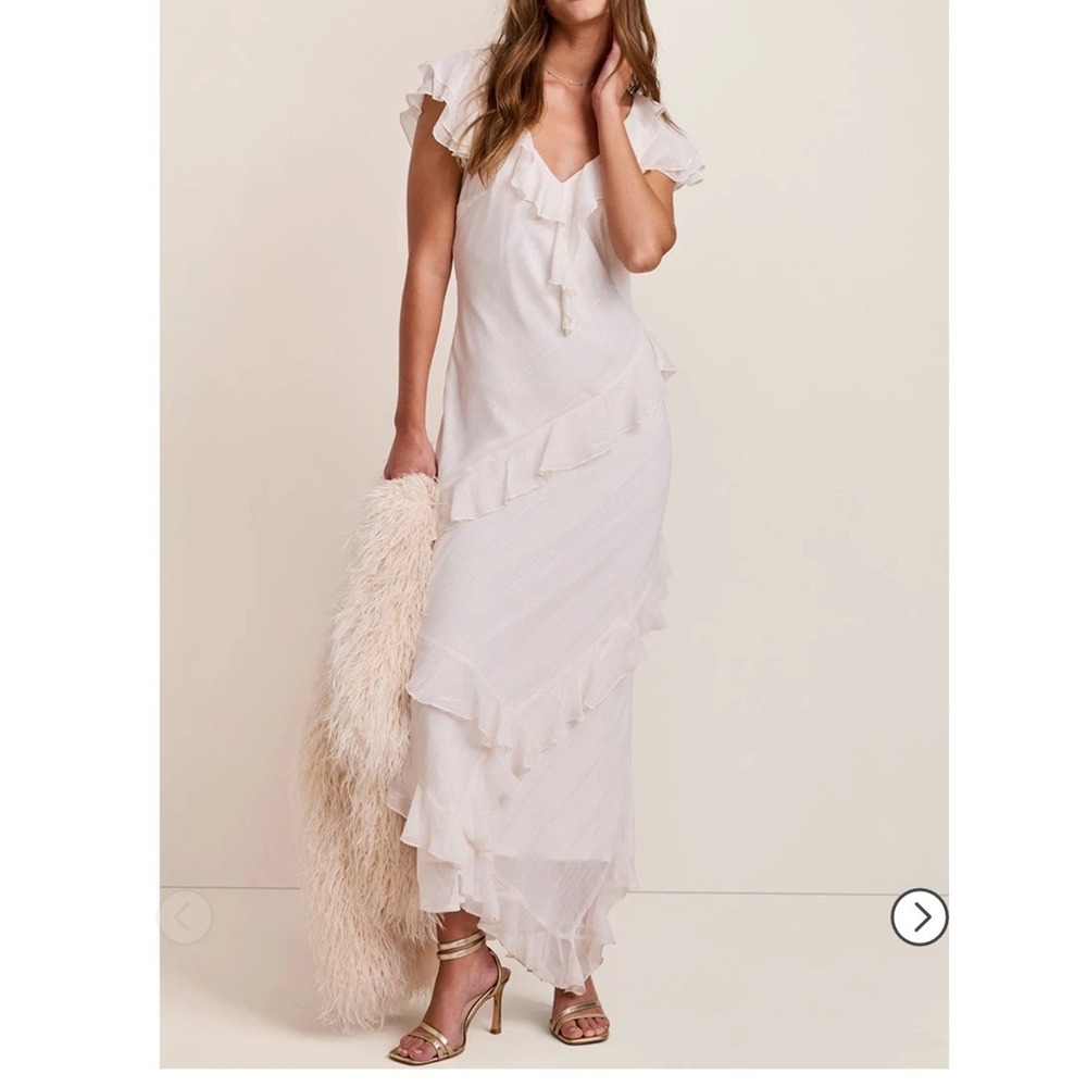 Francesca's Ruffle Maxi Dress Shimmer Wedding Guest Womens XL Cream